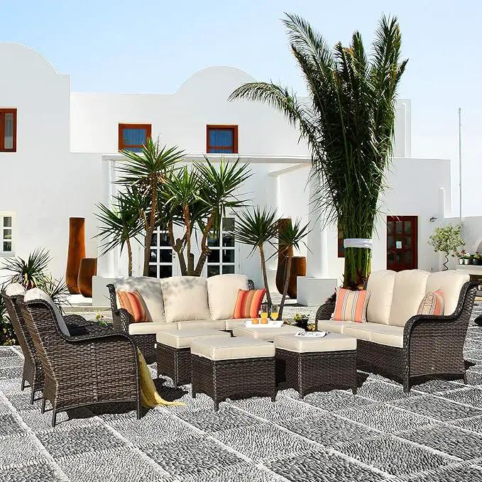 ovios 8 Pieces Patio Furniture Set, Outdoor Wicker Sofas with 2 Chairs, 4 Ottomans and Comfy Cushions, All Weather High Back Couch Set for Deck Porch, Brown Rattan, Beige by GreenHaven Gardens