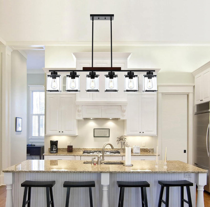 TULUCE 6 Light Farmhouse Chandelier Lighting Vintage Pendant Lighting Clear Glass Shade Flush Mount Lighting Fixture Black Pendant Lamp for Entryways, by Selzalot