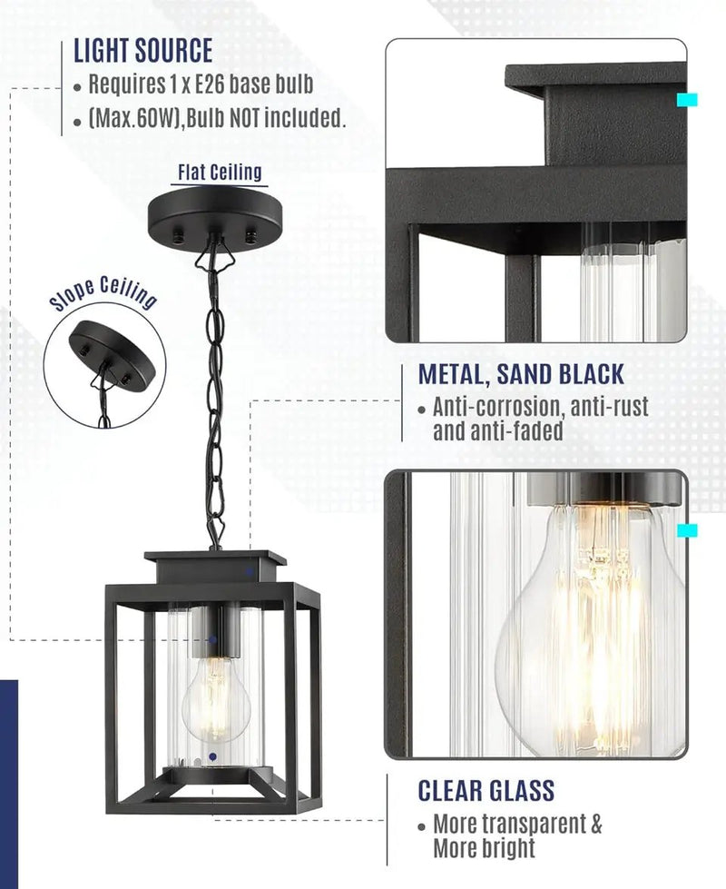 Brand New Osimir Outdoor Pendant Light for Porch, 1-Light Black Hanging Porch Light Modern Exterior Hanging Lantern with Cylinder Glass and Adjustable Chain for Gazebo, 2353/1H by Selzalot