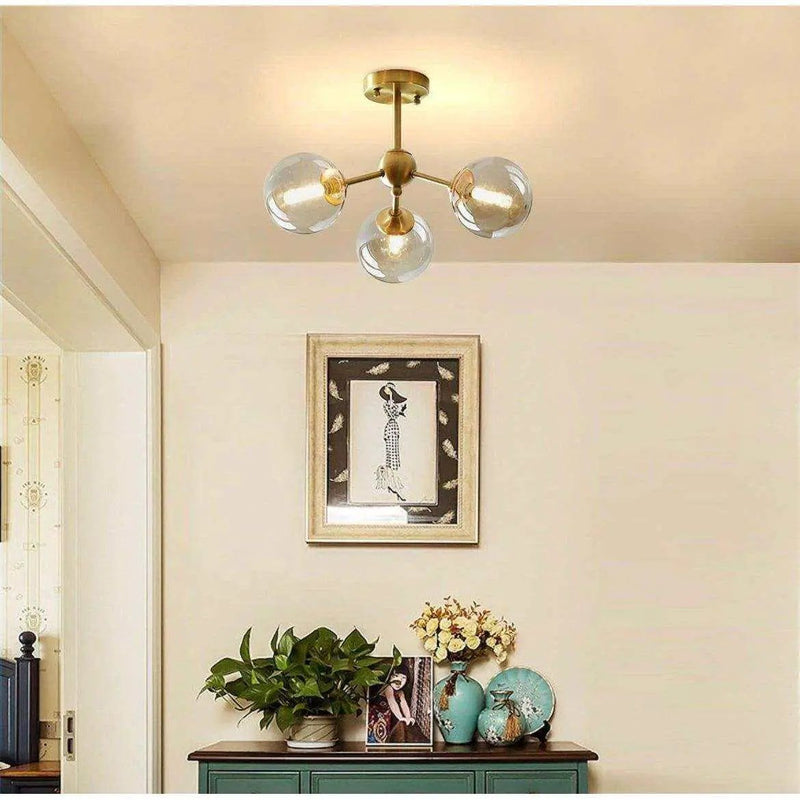 KCO Lighting Glass Globe Sputnik Chandelier 3-Light Brass Gold Close to Ceiling Light Mid Century Flush Mount Ceiling Light for Kitchen Island Bedroom Bathroom (3-Lights) by Selzalot