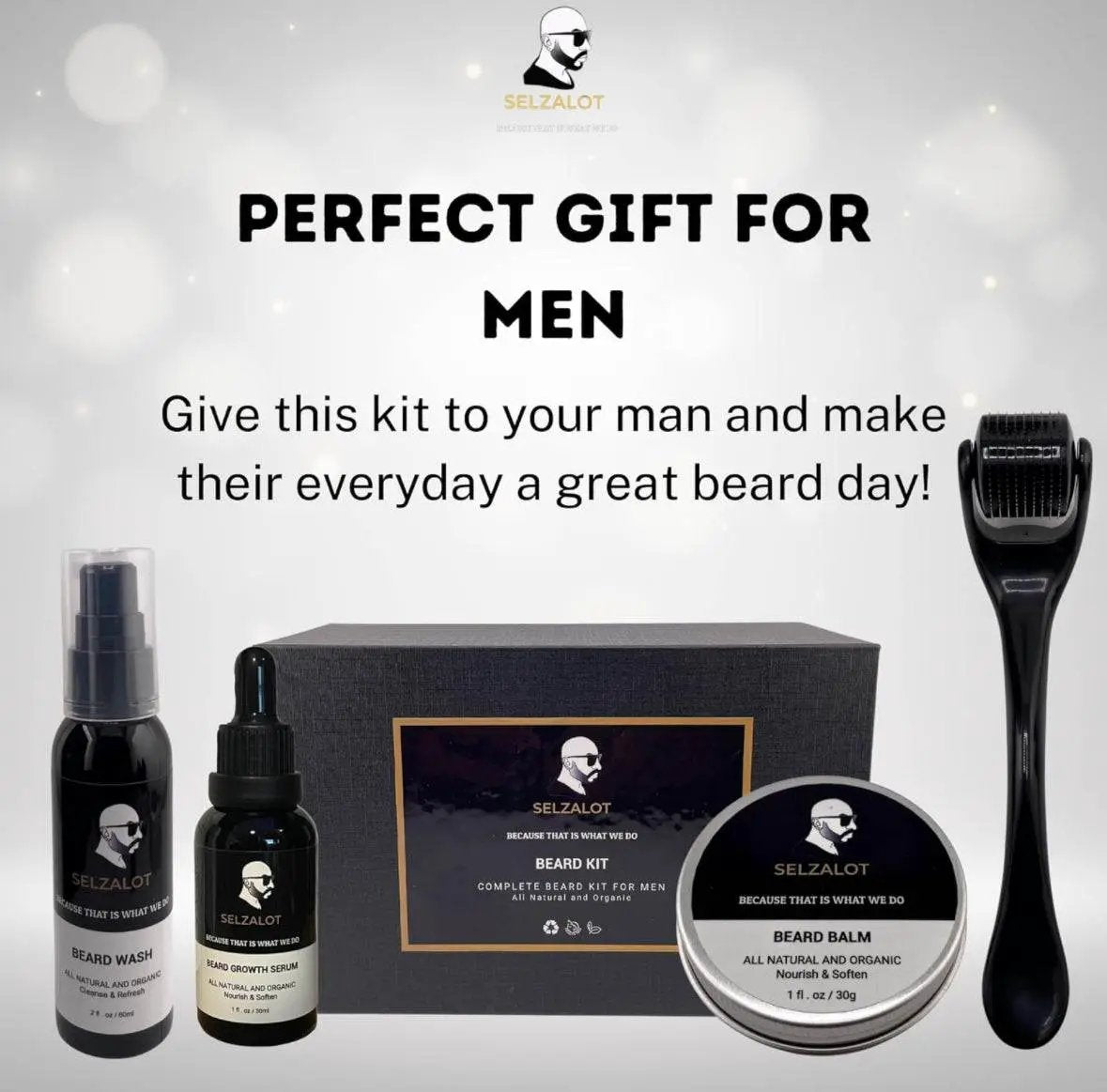 Beard Growth Kit Men’s Beard Care Kit Grooming Set 5 Pieces Beard Products with Wash, Oil Serum, Balm and a Gift Box for Men Self Care by Selzalot
