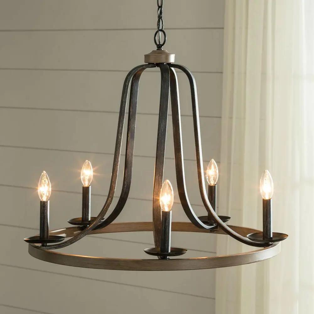 Rustic 5 Light Dimmable Farm Home Circle Metal Chandelier Oak Finish by HomePacific