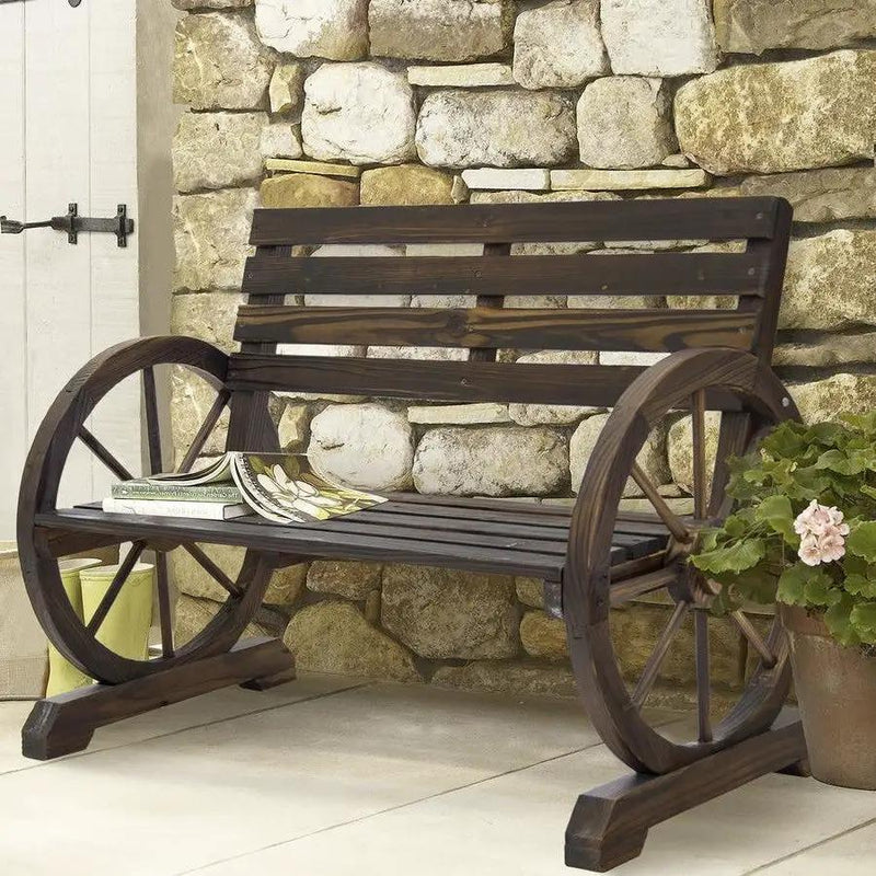 2 Person Farmhouse Wagon Wheel Wooden Bench by HomePacific