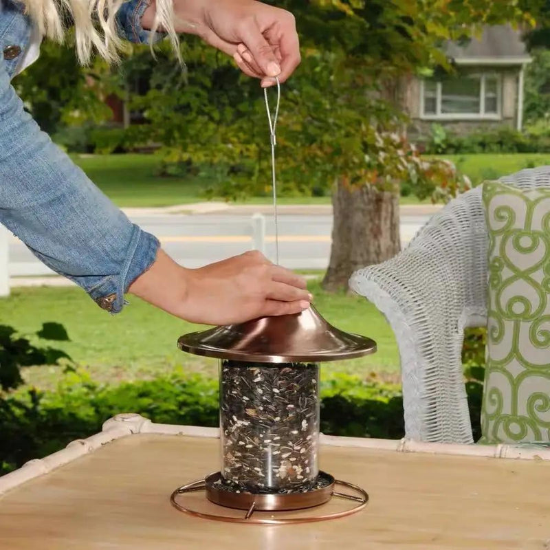 Copper Bird Feeder with Plastic Seed Reservoir Tube and Circular Perch by HomePacific