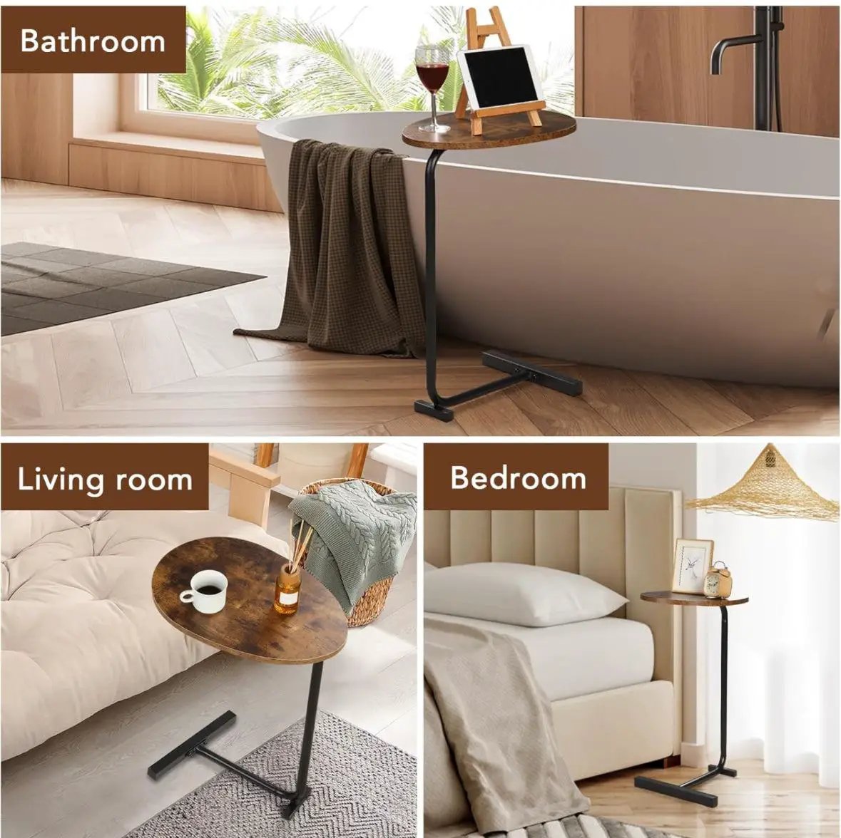 C-Shaped End Table, Round Couch Table for Living Room, Side Table for Bedroom, C Table with Metal Frame for Couch, Sofa, Bedside and Tv Tray, Rustic B by Selzalot