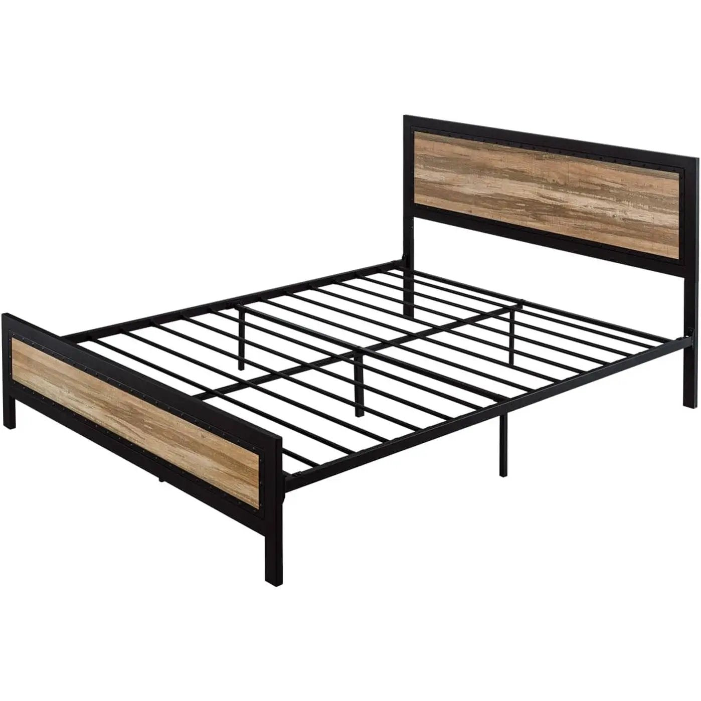 Full Industrial Metal Wood Rivet Platform Bed Frame w/ Headboard and Footboard by HomePacific