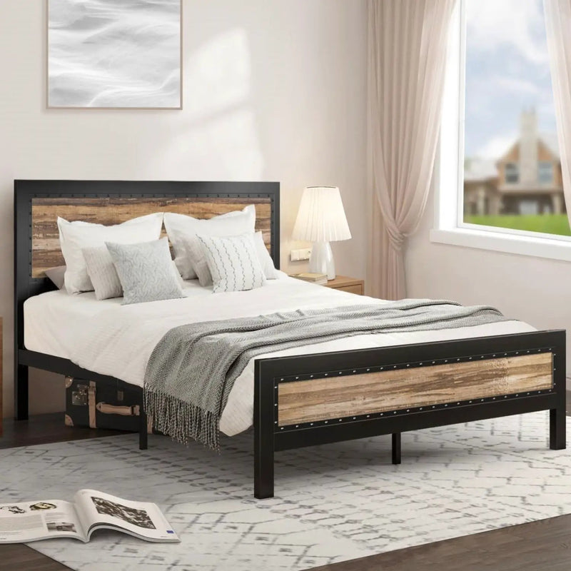 Full Industrial Metal Wood Rivet Platform Bed Frame w/ Headboard and Footboard by HomePacific