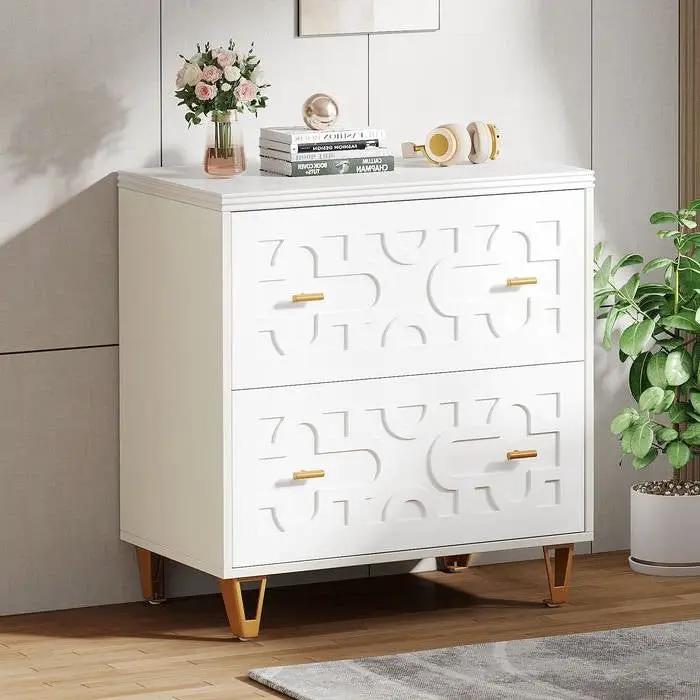 Retro White/Gold Geometric Scroll 2 Drawer Filing Cabinet Printer Stand by HomePacific