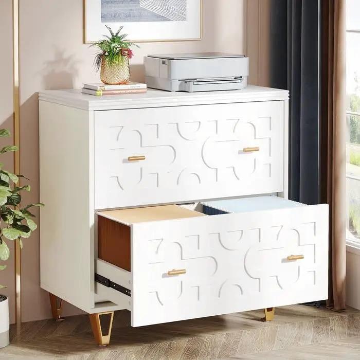 Retro White/Gold Geometric Scroll 2 Drawer Filing Cabinet Printer Stand by HomePacific