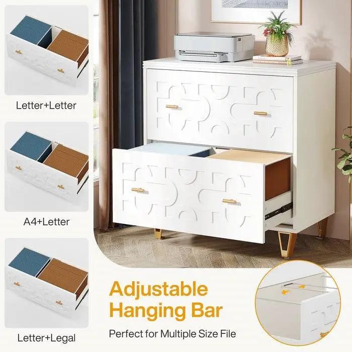 Retro White/Gold Geometric Scroll 2 Drawer Filing Cabinet Printer Stand by HomePacific