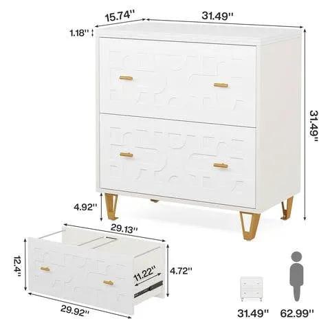Retro White/Gold Geometric Scroll 2 Drawer Filing Cabinet Printer Stand by HomePacific