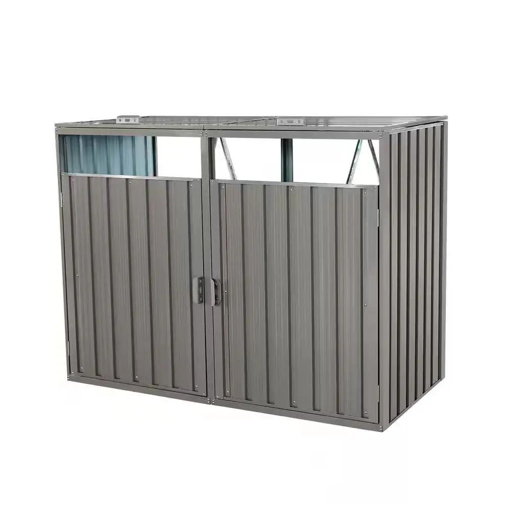 Outdoor Grey Galvanized Steel Garbage Bin Storage Shed - Holds 2 Trash Cans by HomePacific