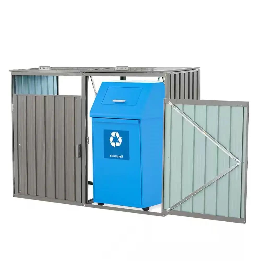 Outdoor Grey Galvanized Steel Garbage Bin Storage Shed - Holds 2 Trash Cans by HomePacific