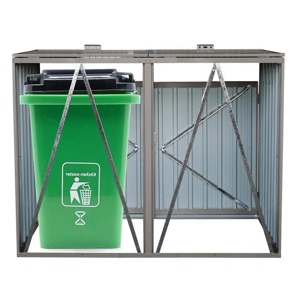 Outdoor Grey Galvanized Steel Garbage Bin Storage Shed - Holds 2 Trash Cans by HomePacific