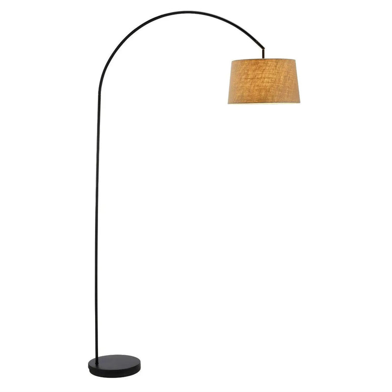 Modern Arching Floor Lamp in Matte Black with Taupe Burlap Fabric Drum Shade by HomePacific