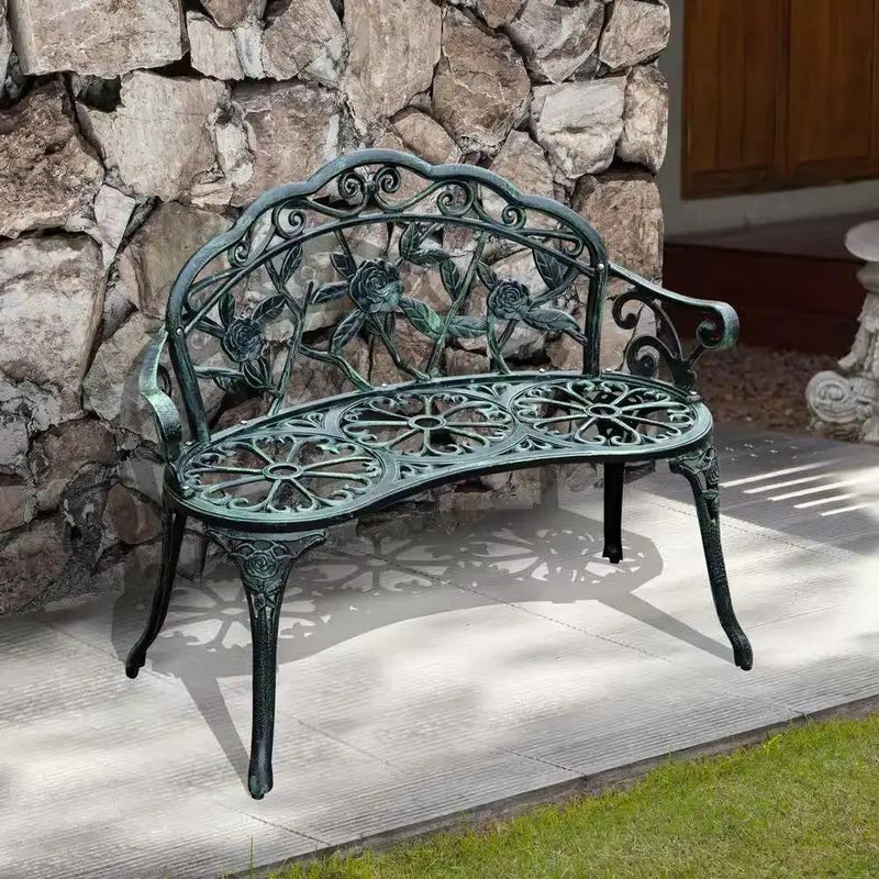 Outdoor Patio 40-inch Garden Bench with Backrest in Antique Green Metal Finish by HomePacific