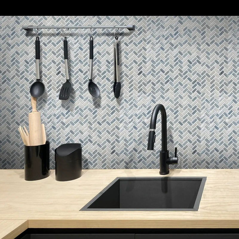 Blue 12x12 Glossy Herringbone Glass Mosaic Tile (10 pack, 9.75 sq ft/case) by Apollo Tile