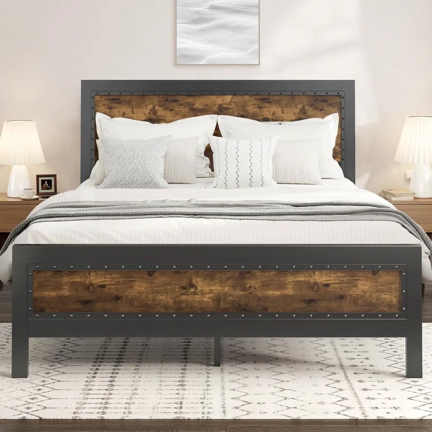 Full Industrial Rivet Platform Bed Frame with Headboard in Rustic Wood Finish by HomePacific