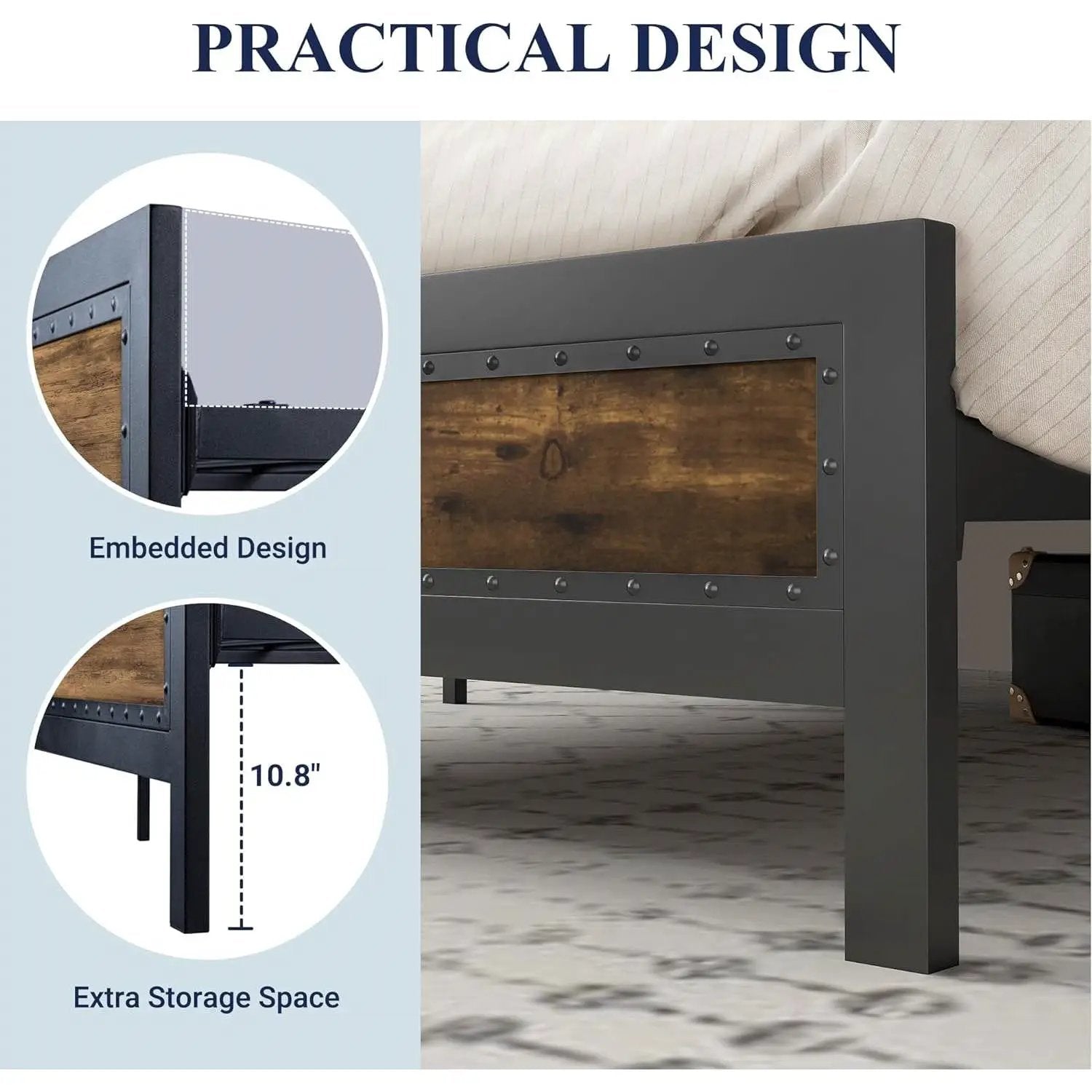 Full Industrial Rivet Platform Bed Frame with Headboard in Rustic Wood Finish by HomePacific