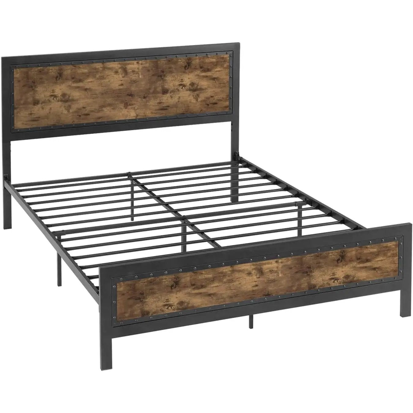 Queen Industrial Rivet Platform Bed Frame with Headboard in Rustic Wood Finish by HomePacific