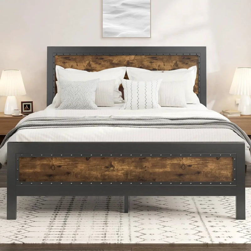 Queen Industrial Rivet Platform Bed Frame with Headboard in Rustic Wood Finish by HomePacific