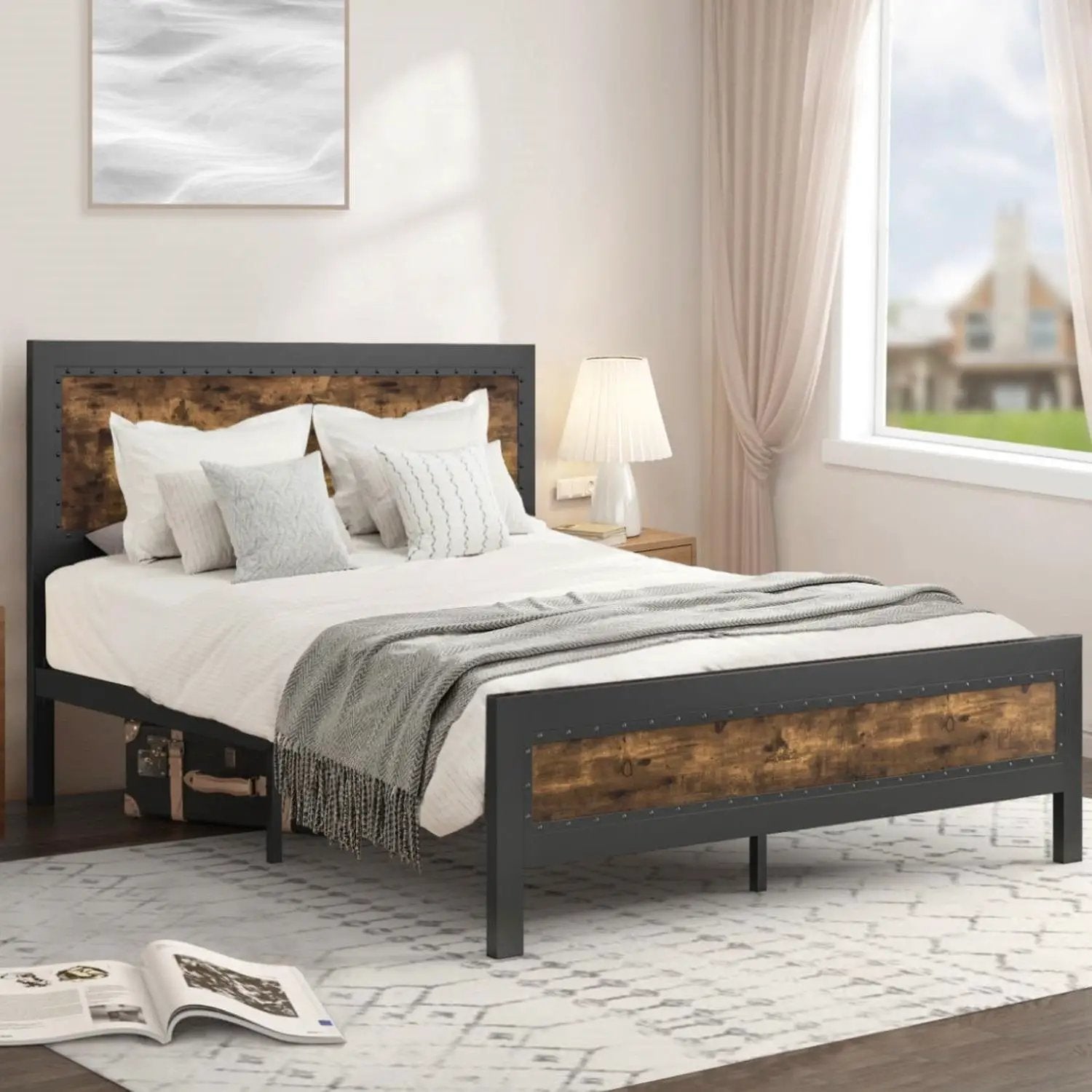 Queen Industrial Rivet Platform Bed Frame with Headboard in Rustic Wood Finish by HomePacific