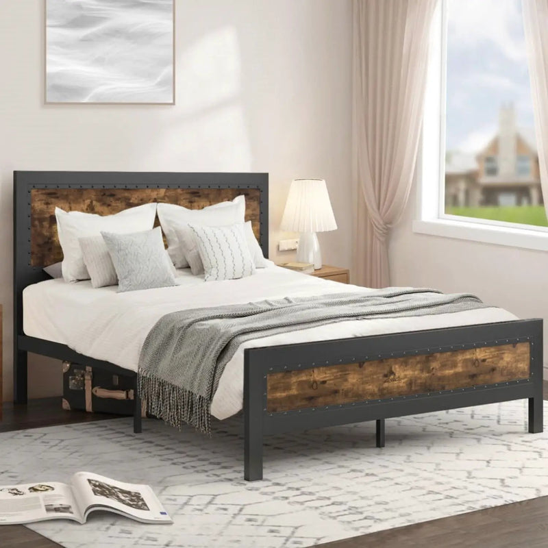 Queen Industrial Rivet Platform Bed Frame with Headboard in Rustic Wood Finish by HomePacific