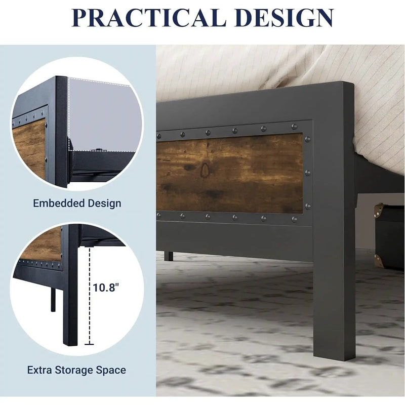 Queen Industrial Rivet Platform Bed Frame with Headboard in Rustic Wood Finish by HomePacific