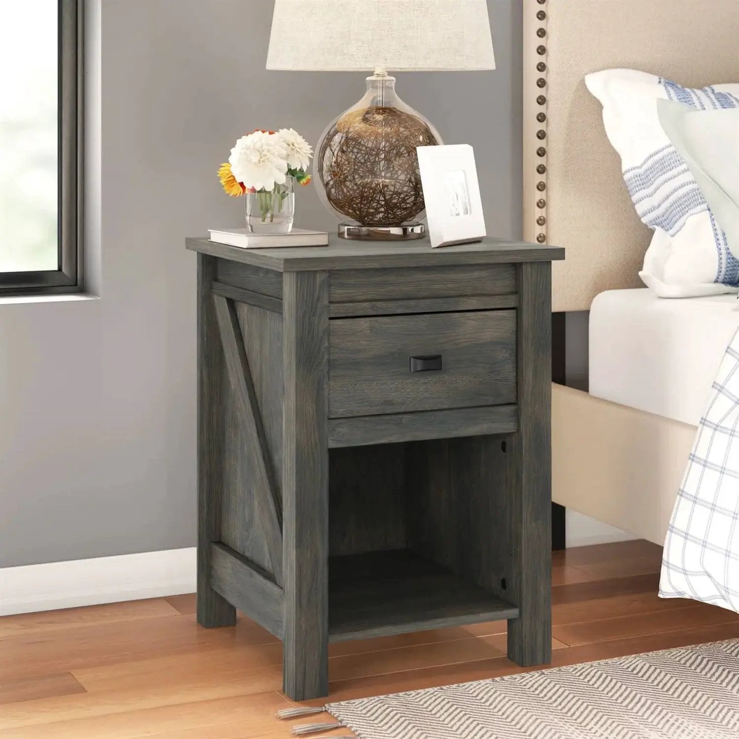 Farmhouse 1-Drawer Bedroom Nightstand with Open Shelf in Rustic Grey Oak by HomePacific