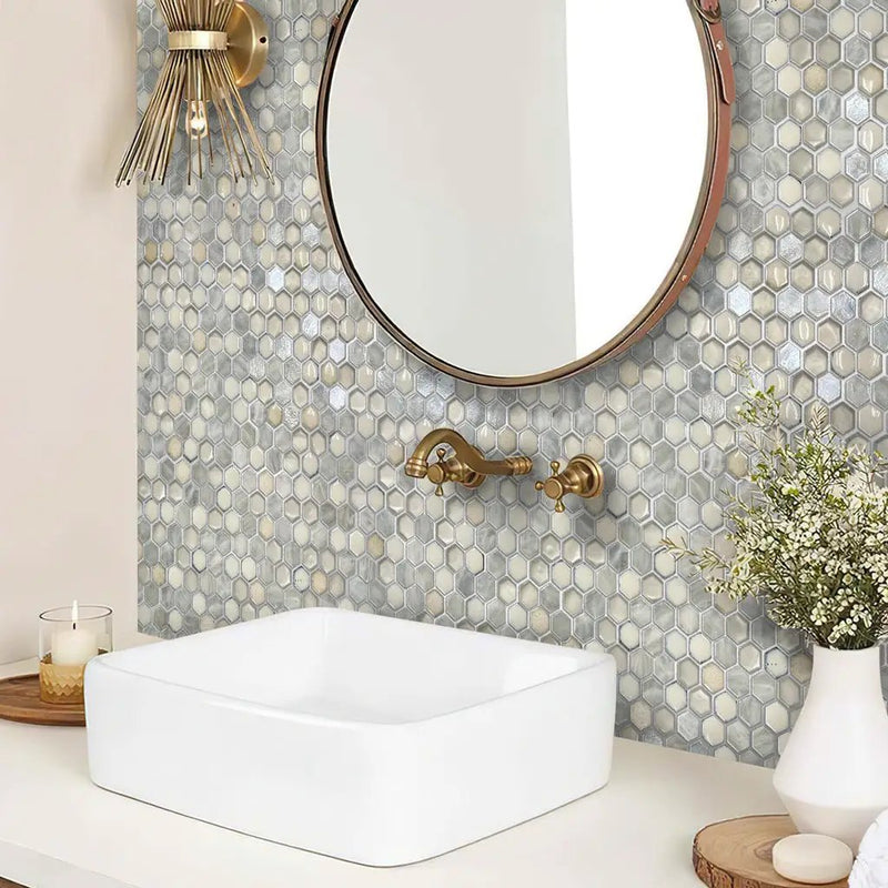 Gray White 11x11 Glossy Matte Hexagon Glass Ceramic Mosaic Tile (10 pack, 8.63 sq ft/case) by Apollo Tile