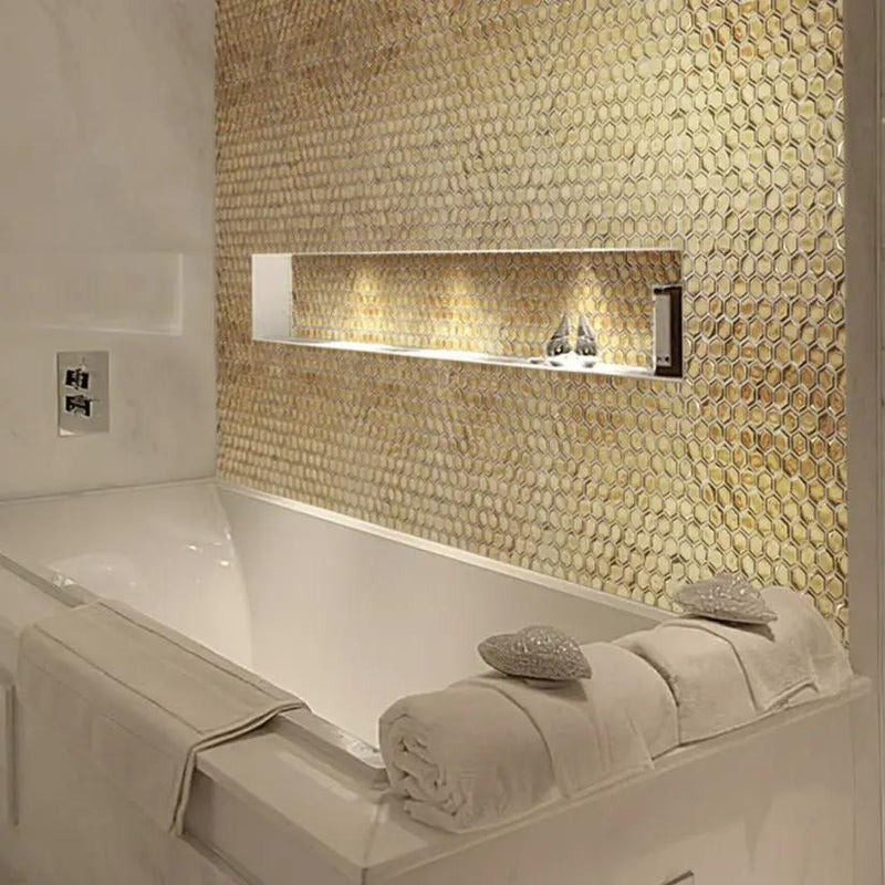 Gold 11x11 Glossy Hexagon Glass Mosaic Tile (10 pack, 8.63 sq ft/case) by Apollo Tile
