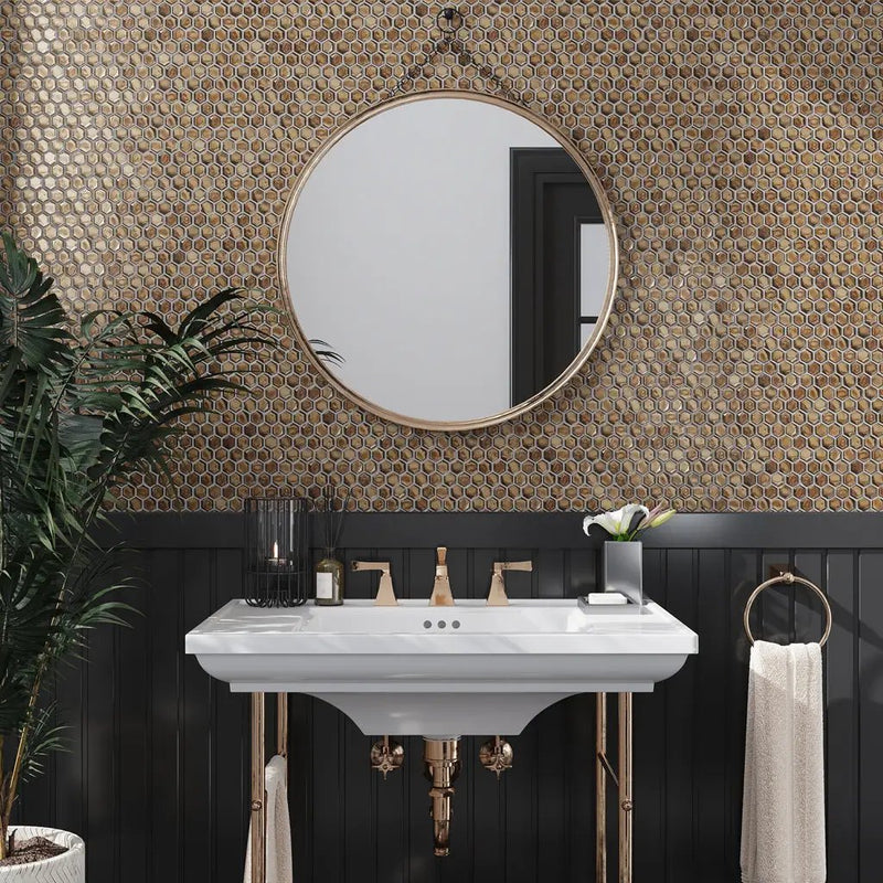 Gold 11x11 Glossy Hexagon Glass Mosaic Tile (10 pack, 8.63 sq ft/case) by Apollo Tile