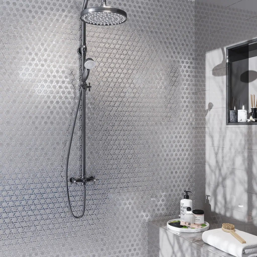 Silver 12x12 Glossy Hexagon Glass Mosaic Tile (10 pack, 9.67 sq ft/case) by Apollo Tile