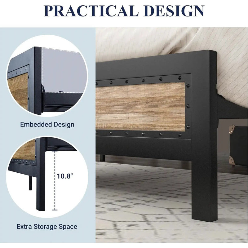 Queen Industrial Metal Wood Rivet Platform Bed Frame w/ Headboard and Footboard by HomePacific