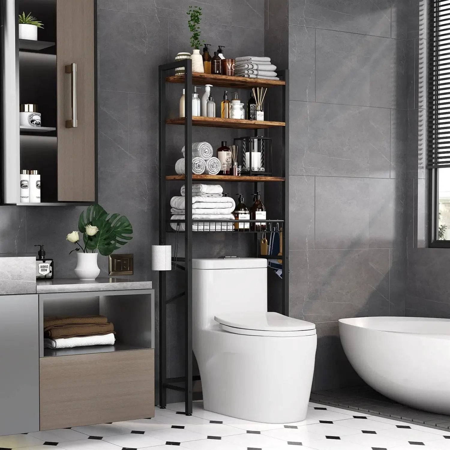 Over the Toilet Storage Freestanding Industrial Metal Wood Shelving Unit by HomePacific
