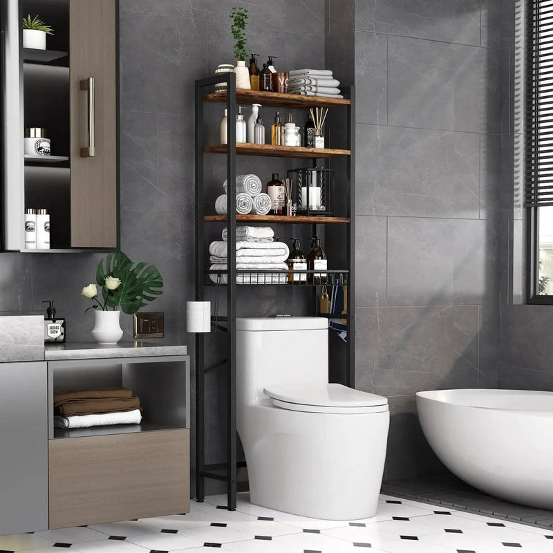 Over the Toilet Storage Freestanding Industrial Metal Wood Shelving Unit by HomePacific