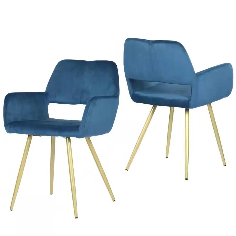 Set of 2 Modern Blue Velvet Upholstered Dining Chair with Gold Metal Legs by HomePacific
