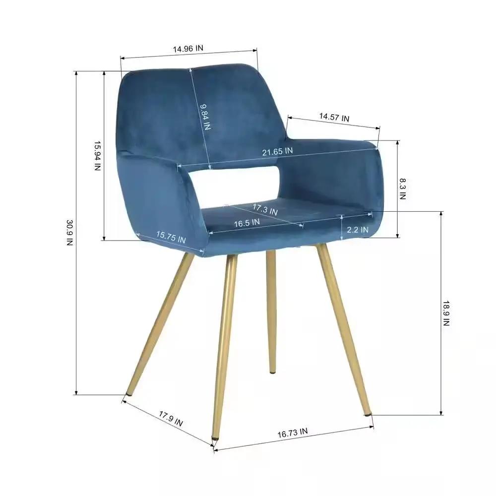 Set of 2 Modern Blue Velvet Upholstered Dining Chair with Gold Metal Legs by HomePacific