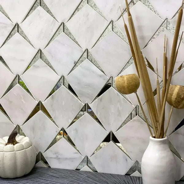 Eastern White, Glass 12x12 Polished Diamond Marble Mosaic Tile (5 pack, 5 sq ft/case)