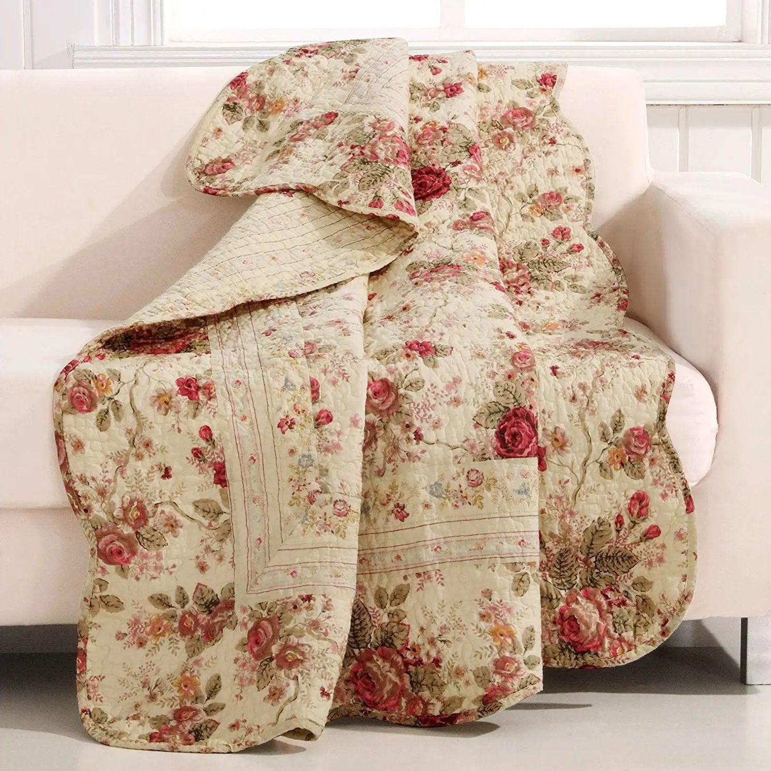 Red Pink Gold Ecru Floral Roses Quilt Throw Blanket in 100% Cotton by HomePacific