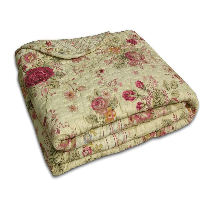 Red Pink Gold Ecru Floral Roses Quilt Throw Blanket in 100% Cotton by HomePacific