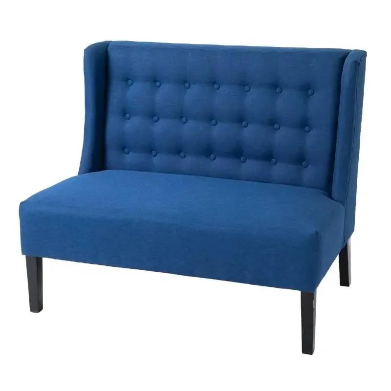 Scandinavian 2 Seater Button Tufted Loveseat Wooden Legs Blue Linen by HomePacific