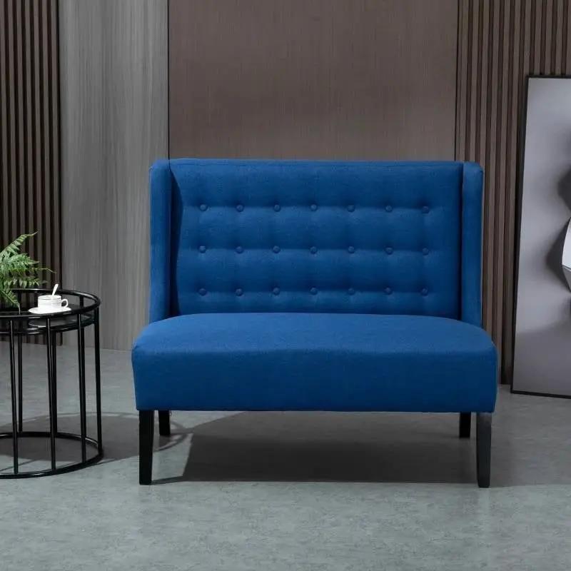 Scandinavian 2 Seater Button Tufted Loveseat Wooden Legs Blue Linen by HomePacific