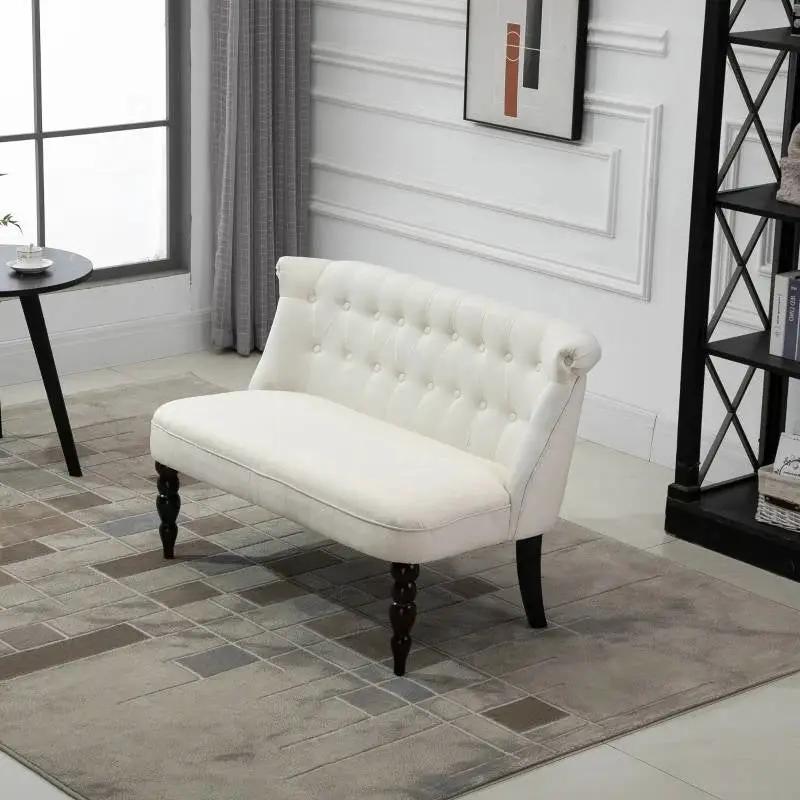 Scandinavian 2 Seater Button Tufted Loveseat Wooden Legs Cream White Linen by HomePacific