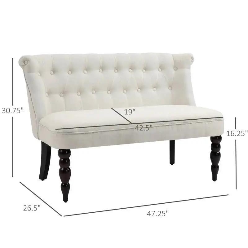 Scandinavian 2 Seater Button Tufted Loveseat Wooden Legs Cream White Linen by HomePacific