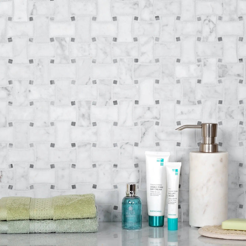 White 12x12 Polished Basketweave Bianco Carrara Bardiglio Nuvolato Marble Mosaic Tile (5 pack, 5 sq ft/case) by Apollo Tile