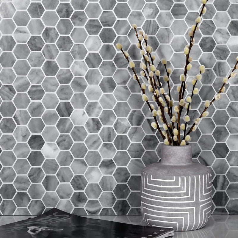 Gray 11x12 Polished Hexagon Bardiglio Nuvolato Marble Mosaic Tile (5 pack, 4.71 sq ft/case) by Apollo Tile