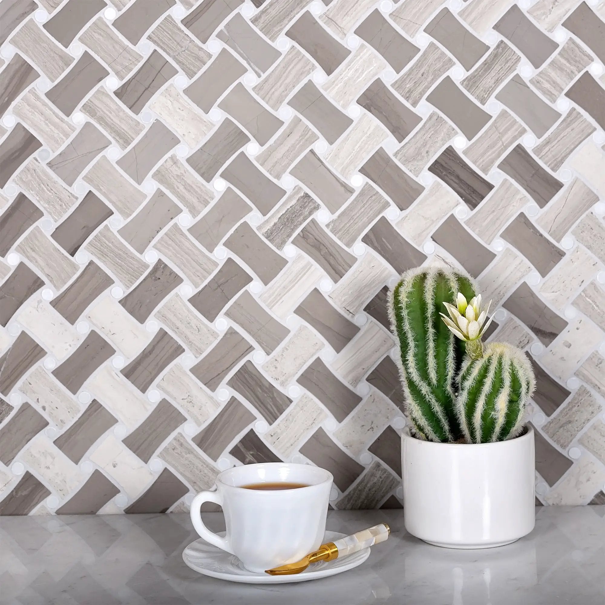 Eastern White, Wooden & Athens Grey 11x11 Polished Basketweave Marble Mosaic Tile (5 pack, 4.2 sq ft/case) by Apollo Tile