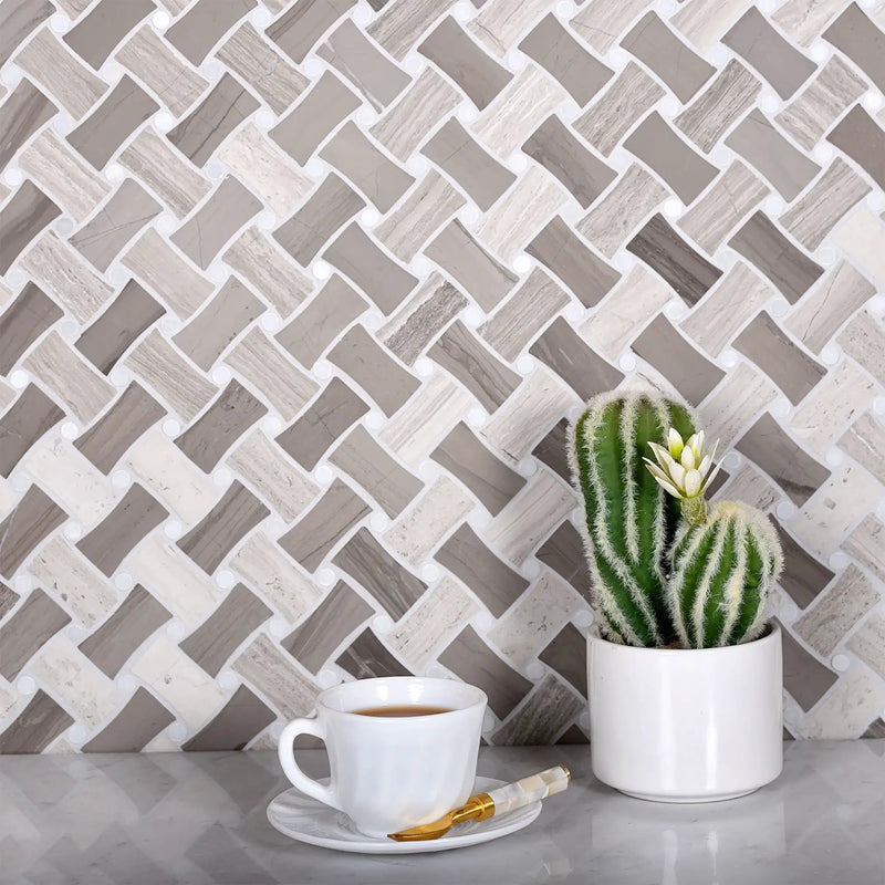 Eastern White, Wooden & Athens Grey 11x11 Polished Basketweave Marble Mosaic Tile (5 pack, 4.2 sq ft/case) by Apollo Tile
