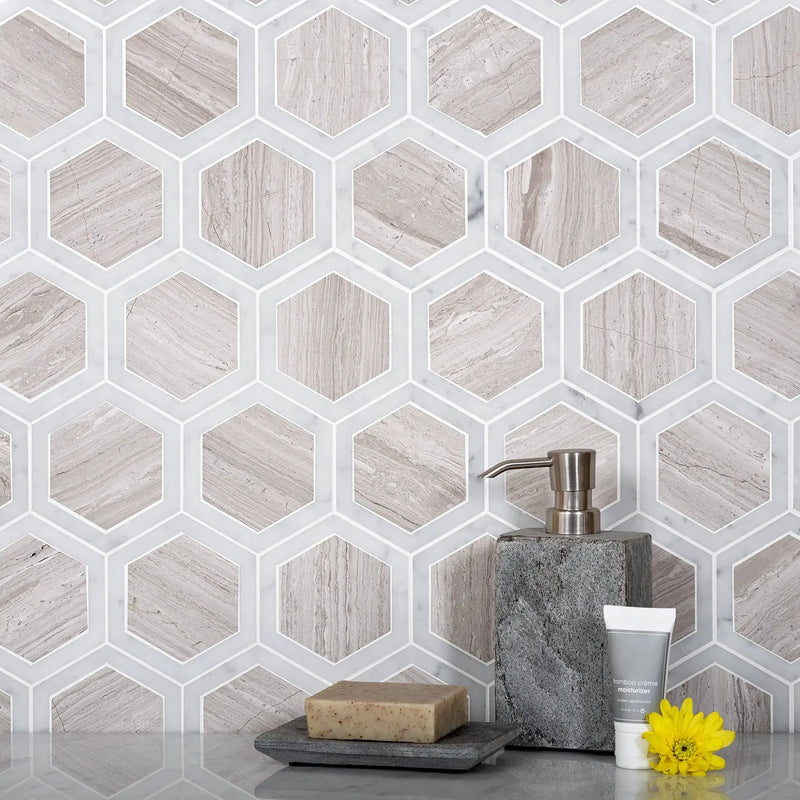 Wooden Grey, Bianco Carrara 12x14 Polished Hexagon Marble Mosaic Tile (5 pack, 5.48 sq ft/case) by Apollo Tile